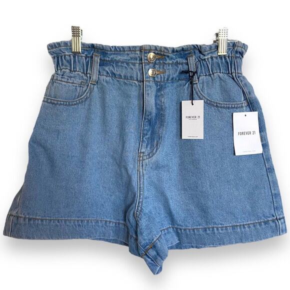 Forever 21 Womens Shorts Sz M Light Blue Denim Paper Bag Waist High Rise NEW - Picture 1 of 5